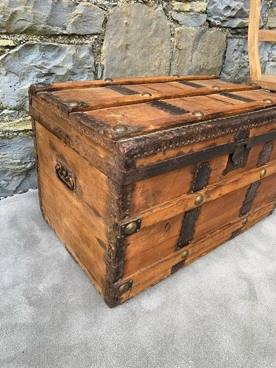Late Victorian Antique Metal Bound Wooden Chest.