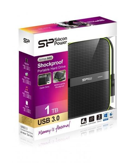 1TB External Hard Drive Silicon Power Armor A60 Shockproof Portable Hard Drive - USB3.0 - Black/Green Edition