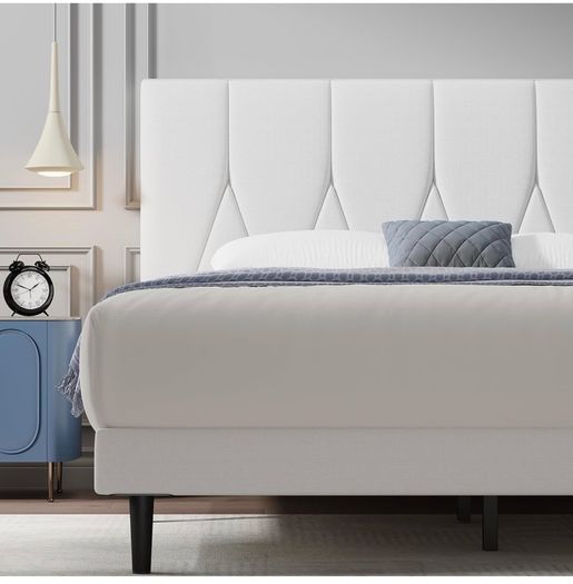 King Bed Frame, White, Upholstered Wooden Slat Bed Frame with Headboard