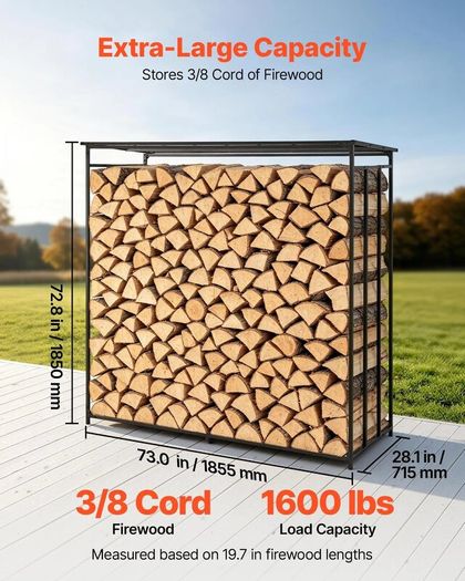 6FT Heavy Duty Firewood Rack 3/8 Cord Outdoor Log Holder, 730kg Capacity, Black Carbon Steel Wood Storage Stand