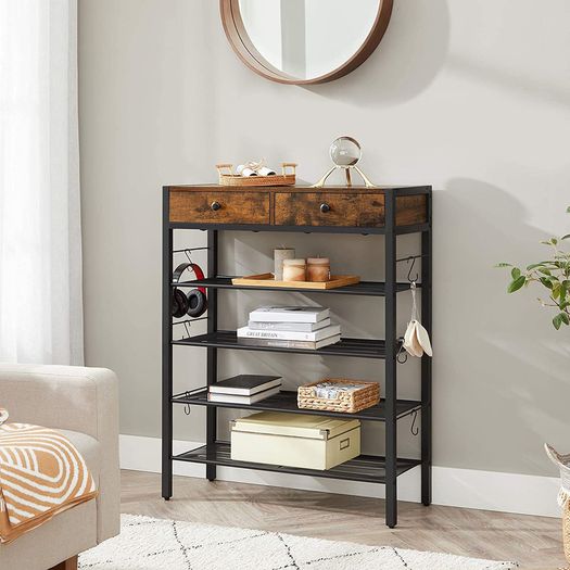 Shoe rack, shoe organizer with 2 drawers and 4 compartments, for 14 pairs of shoes, in the entrance area, living room, bedroom, vintage brown-black