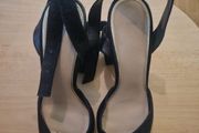 Black pointed block heel sling back shoes
