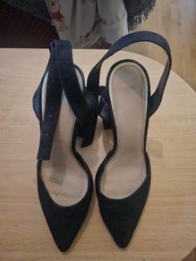 Black pointed block heel sling back shoes