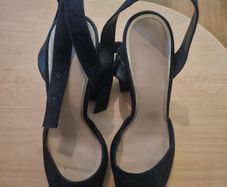 Black pointed block heel sling back shoes