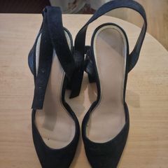 Black pointed block heel sling back shoes