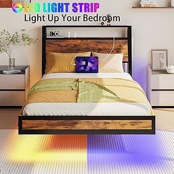 Floating Single Bed Frame with Charging Station and LED Lights, Wood Headboard with Storage Shelves, Heavy Duty Metal Slats, No Box Spring Needed, Noise Free, Easy Assembly, Black