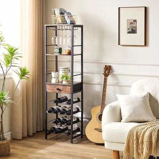 Wine Rack Freestanding Floor, Bar Cabinet,Coffee Bar Cabinet 4-Tier Wood bar Cabinet,Glass Holder and Storage Drawer for Home Bar Kitchen Living Room,Brown