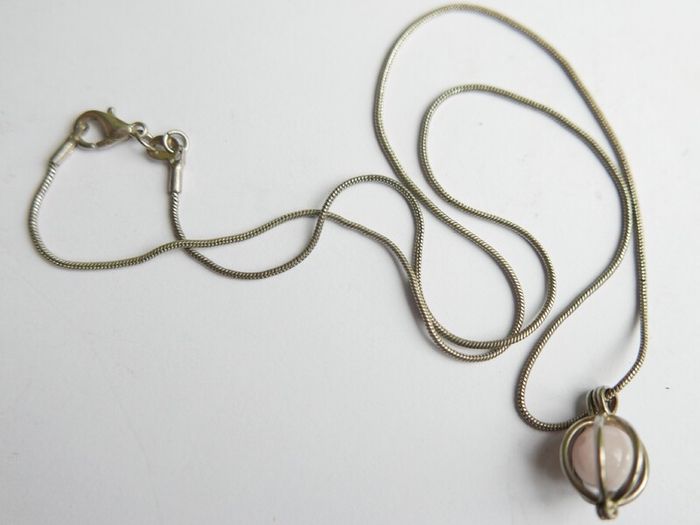 Vintage Rose Quartz Sterling Silver 925 Cage Necklace, "Love Stone" Pendant length 20" - 6,8g