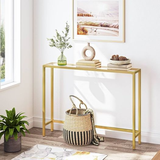 Gold Console Table for Hallway Slim, 100 cm Tempered Glass Sofa Table, Slim Hallway Table, Glass Console Table, Modern Display Table for Living Room, Entryway, Metal Frame