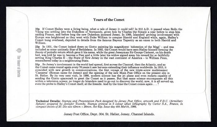 1986 Jersey  Halleys Comet Commemorative Stamps First Day Cover (FDC)