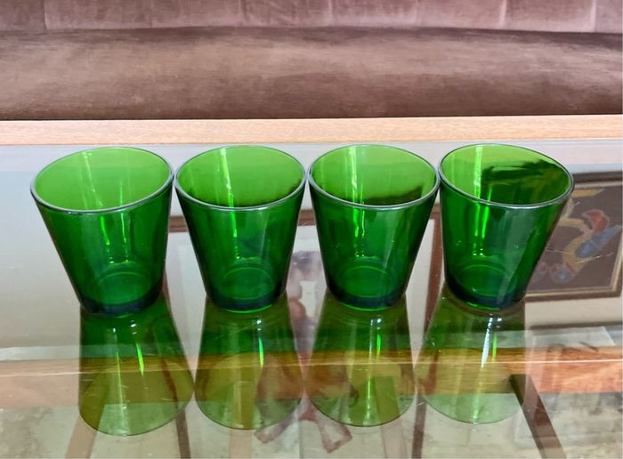 Set 4 Vintage Vereco France Small Forest Green Juice Glasses Tumblers MCM