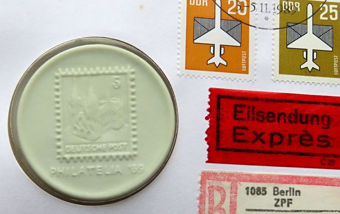 Meissen token Vintage East Germany DDR Philatelic stamp exhibition 1989 Cologne cover