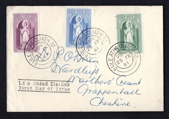 1961 Ireland St.Patrick Commemorative Stamps Plain Addressed First Day Cover (FDC) with Baile Atha Cliath (Dublin) steele cancel