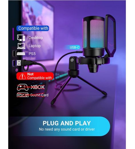FIFINE AmpliGame A6V RGB USB Gaming Microphone USB Condenser Mic for PC, PS5.