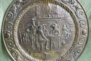 Vintage Large Brass Embossed Gaming Scene, diameter 25"