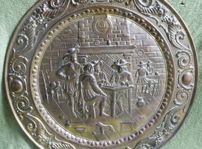 Vintage Large Brass Embossed Gaming Scene, diameter 25"