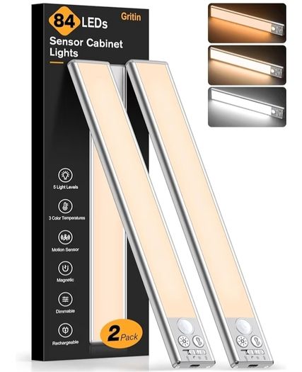 Cabinet Kitchen Lights Rechargeable-3 Color Temps&5 Level Brightness, Super Bright, 4 Modes, Motion Sensor, Long Lasting-Easy Installation Strong Magnetic Under Closet Light-26CM/2 Pack