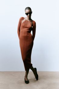 Zara cut out shoulder midi maxi dress size S ribbed fabric brown rust orange