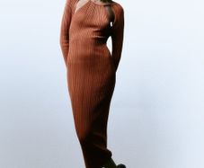 Zara cut out shoulder midi maxi dress size S ribbed fabric brown rust orange