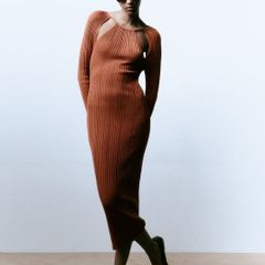 Zara cut out shoulder midi maxi dress size S ribbed fabric brown rust orange