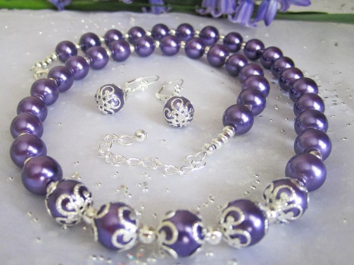 Beaded Deep Purple and Silver Matching Set Necklace and Earrings