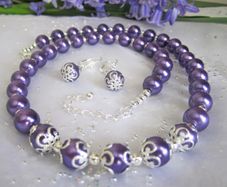 Beaded Deep Purple and Silver Matching Set Necklace and Earrings