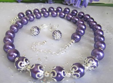 Beaded Deep Purple and Silver Matching Set Necklace and Earrings