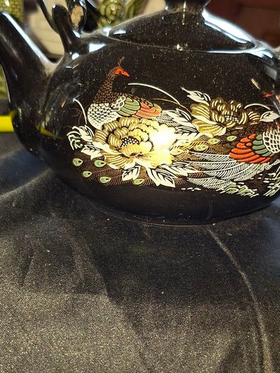 Chinese Porcelain Teapot peacock and floral patterns with gold black braided wicker or bamboo style handle, Postage Available or Collection