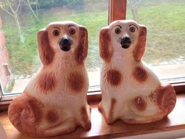 Large Vintage Staffordshire Style Wally Dogs, Pair. Amber Glass Eyes