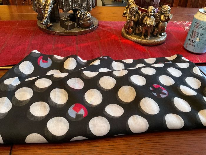 Samoon. FURTHER REDUCED.   Scarf In Black With White Polka Dots And A Littlle  Blue and Pink Also , With Decorative Pearls At The End