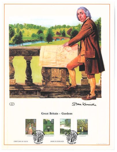 1983 Great Britain Limited Edition Lithographed Print measuring 333mm X 257mm showing Gardens Commemorative stamps with First Day of Issue Cancel