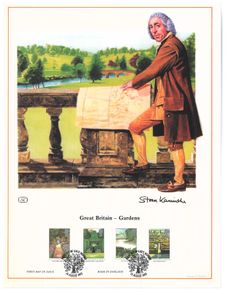 1983 Great Britain Limited Edition Lithographed Print measuring 333mm X 257mm showing Gardens Commemorative stamps with First Day of Issue Cancel
