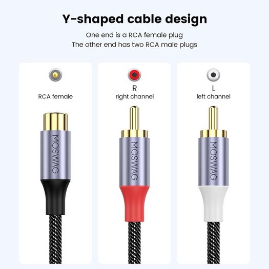 MOSWAG RCA Y Splitter Cable, 1 Female to 2 Male Audio Adapter, Nylon Braided Hi-Fi Splitter for Subwoofer, Home Theater, HDTV, Amplifier, Gaming Console
