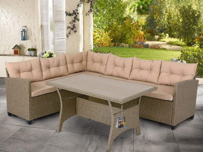 Polyrattan Corner Lounge Garden Furniture Set with WPC Dining Table  Weatherproof Outdoor Corner Sofa Seating Set for Garden, Patio or Balcony  Cream or Grey