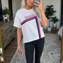 Tommy Jeans Size S White/Off White Oversized 100% Cotton Logo T-Shirt with bold retro logo graphic in pink, red and blue.