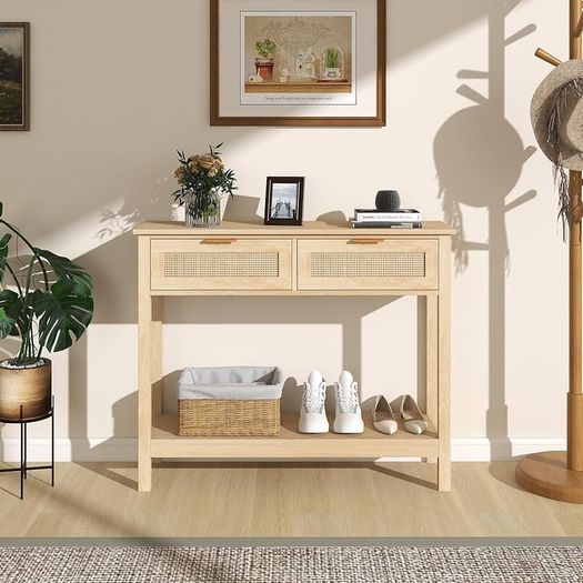 Console Table with 2 Drawers 2 Tier Entryway Table Farmhouse Wood Sofa Tables with Open Storage Shelf for Living Room Hallway Foye