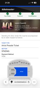 Lewis Capaldi standing ticket - June 26th, Limerick