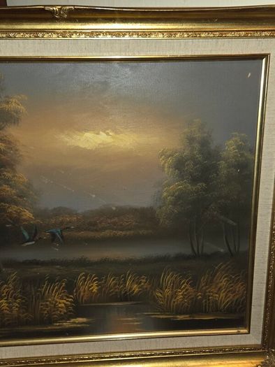 Vintage Oil on Canvas Landscape Ducks in Flight - Signed and Framed