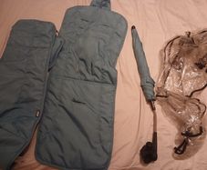 mamas and papas foot muff, buggy sun umbrella and rain cover