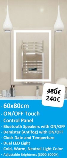LED Bathroom Mirrors Speakers Demister Antifog Weather Station Clock Dual LED Sensor Touch
