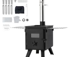 Wood Stove, 218.4 cm, Alloy Steel Camping Tent Stove, Portable Wood Burning Stove with Chimney Pipes & Gloves, 22941.9 cm Firebox Hot Tent Stove for Outdoor Cooking and Heating with 8 Pipes