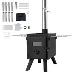 Wood Stove, 218.4 cm, Alloy Steel Camping Tent Stove, Portable Wood Burning Stove with Chimney Pipes & Gloves, 22941.9 cm Firebox Hot Tent Stove for Outdoor Cooking and Heating with 8 Pipes