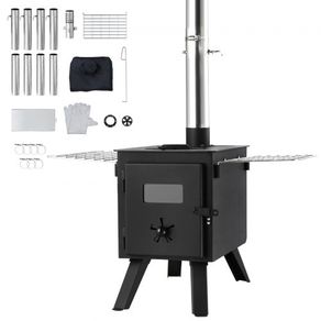Wood Stove, 218.4 cm, Alloy Steel Camping Tent Stove, Portable Wood Burning Stove with Chimney Pipes & Gloves, 22941.9 cm Firebox Hot Tent Stove for Outdoor Cooking and Heating with 8 Pipes