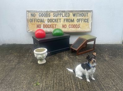large antique hand painted sign,  Goods Supplied without official docket from office, No Docket  No Goods
