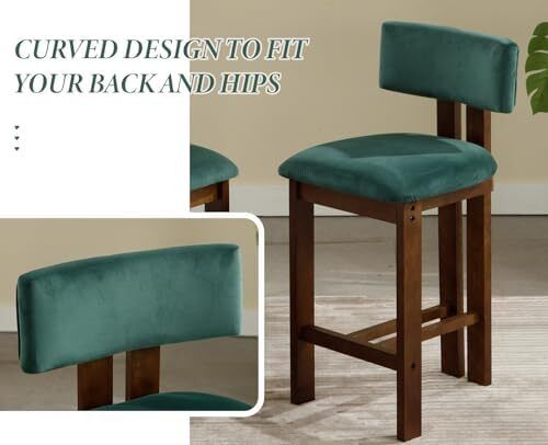 Set of 2 Velvet Bar Stools Wooden Kitchen Stools with Backrest