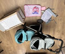 Dolls double buggy, cot, sling and changing mat