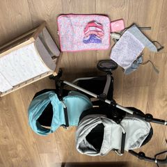 Dolls double buggy, cot, sling and changing mat
