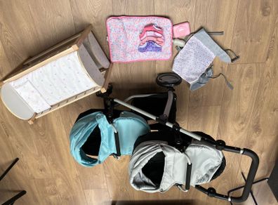 Dolls double buggy, cot, sling and changing mat