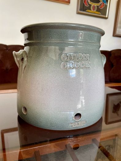 Handcrafted Kiltrea Bridge Pottery Stoneware Onion Crock Smooth Sage Green Glaze Embossed Onion Crock