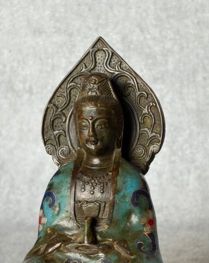 Cloisonne Guanyin Sitting On A Lotus Throne - Enameled  Bronze, Signed
